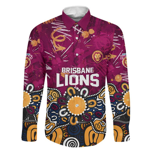 Personalized Brisbane Lions Family Matching Off Shoulder Short Dress and Hawaiian Shirt Aboriginal Dot Painting Graffiti Style
