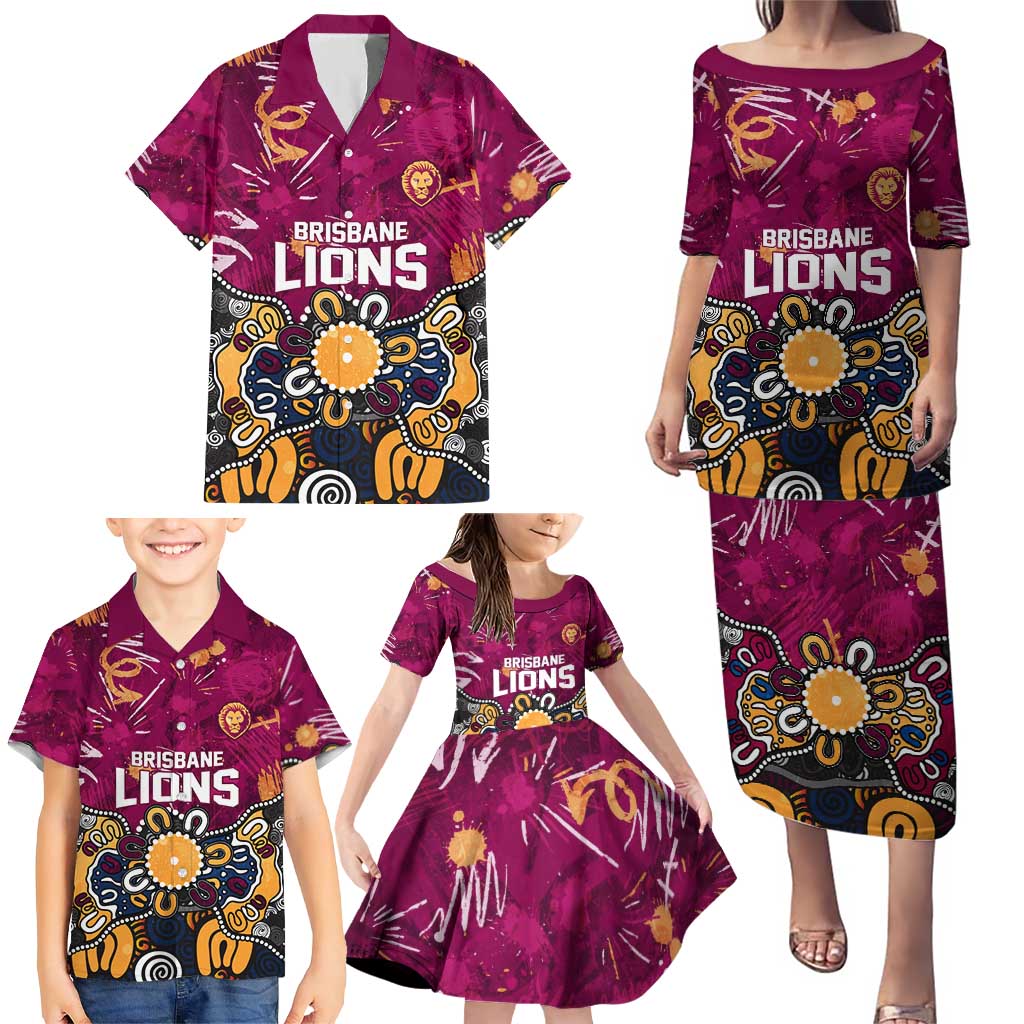 Personalized Brisbane Lions Family Matching Puletasi and Hawaiian Shirt Aboriginal Dot Painting Graffiti Style
