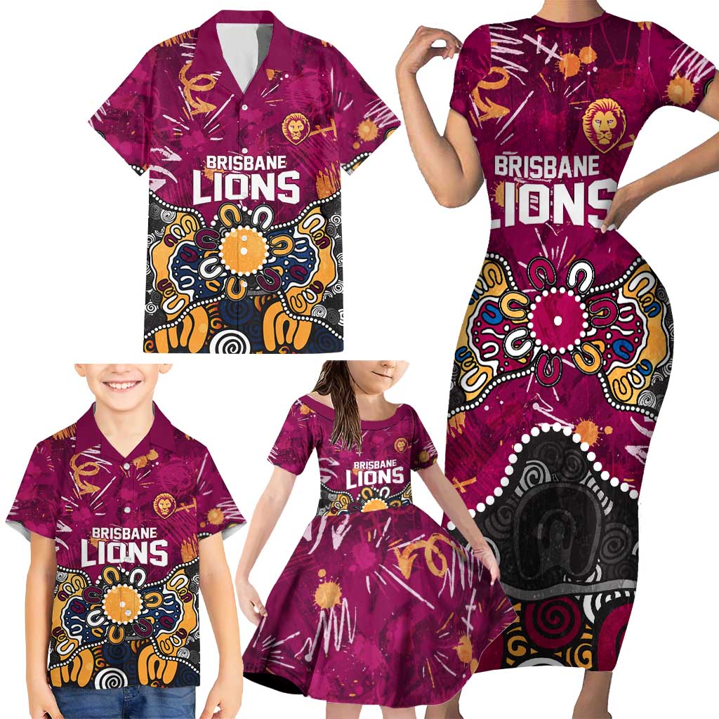 Personalized Brisbane Lions Family Matching Short Sleeve Bodycon Dress and Hawaiian Shirt Aboriginal Dot Painting Graffiti Style