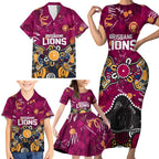 Personalized Brisbane Lions Family Matching Short Sleeve Bodycon Dress and Hawaiian Shirt Aboriginal Dot Painting Graffiti Style