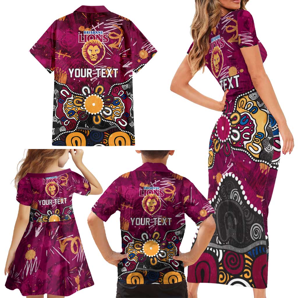 Personalized Brisbane Lions Family Matching Short Sleeve Bodycon Dress and Hawaiian Shirt Aboriginal Dot Painting Graffiti Style
