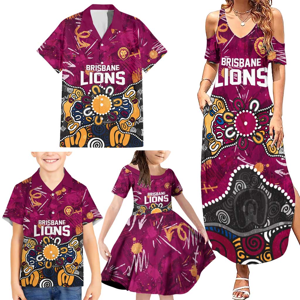 Personalized Brisbane Lions Family Matching Summer Maxi Dress and Hawaiian Shirt Aboriginal Dot Painting Graffiti Style