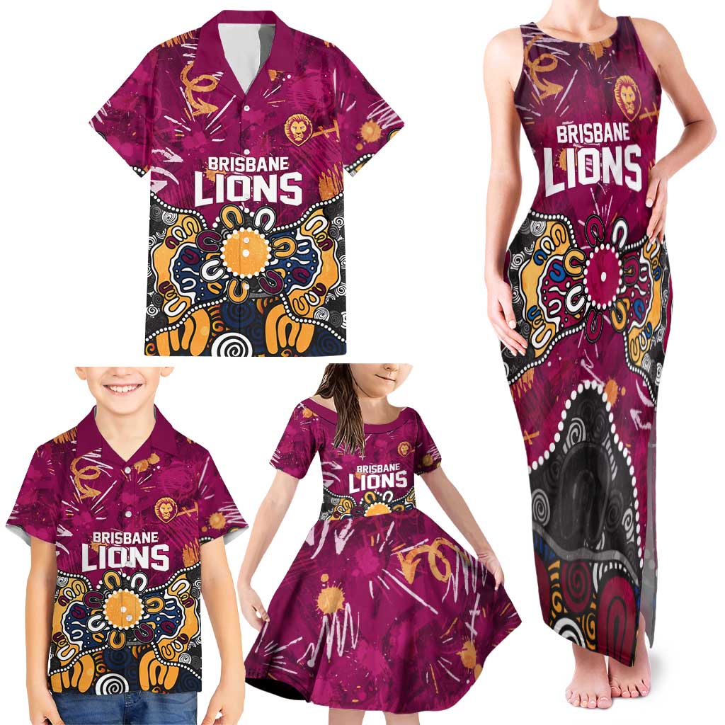 Personalized Brisbane Lions Family Matching Tank Maxi Dress and Hawaiian Shirt Aboriginal Dot Painting Graffiti Style