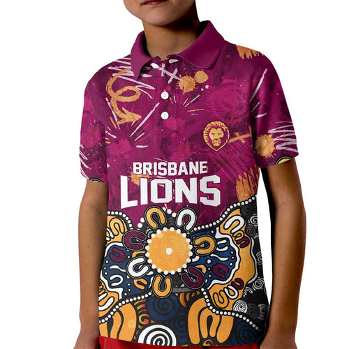 Personalized Brisbane Lions Kid Polo Shirt Aboriginal Dot Painting Graffiti Style
