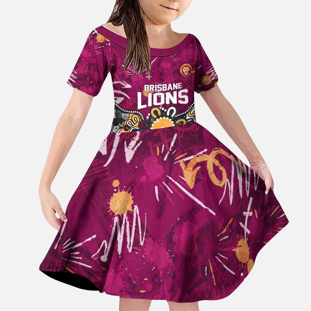 Personalized Brisbane Lions Kid Short Sleeve Dress Aboriginal Dot Painting Graffiti Style