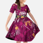 Personalized Brisbane Lions Kid Short Sleeve Dress Aboriginal Dot Painting Graffiti Style
