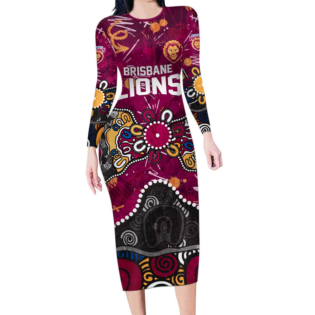Personalized Brisbane Lions Long Sleeve Bodycon Dress Aboriginal Dot Painting Graffiti Style