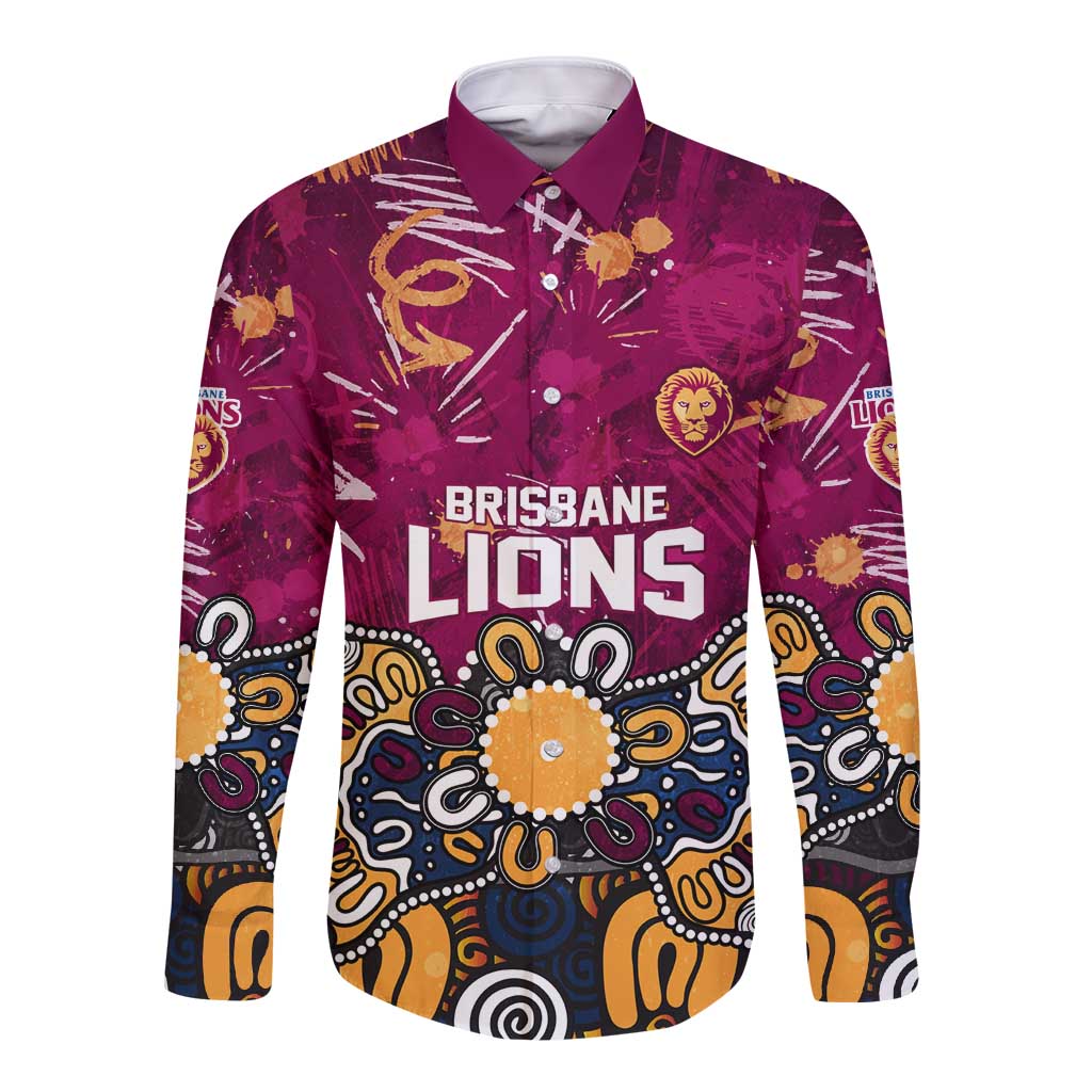 Personalized Brisbane Lions Long Sleeve Button Shirt Aboriginal Dot Painting Graffiti Style
