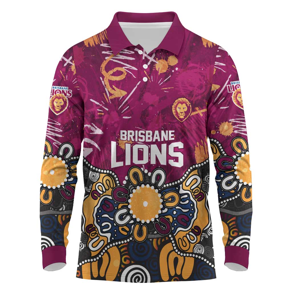 Personalized Brisbane Lions Long Sleeve Polo Shirt Aboriginal Dot Painting Graffiti Style