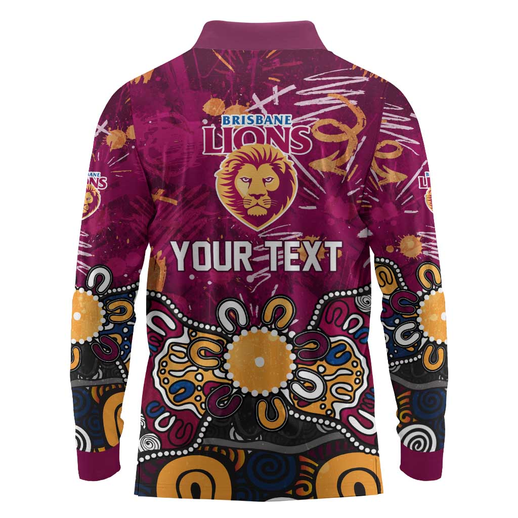 Personalized Brisbane Lions Long Sleeve Polo Shirt Aboriginal Dot Painting Graffiti Style