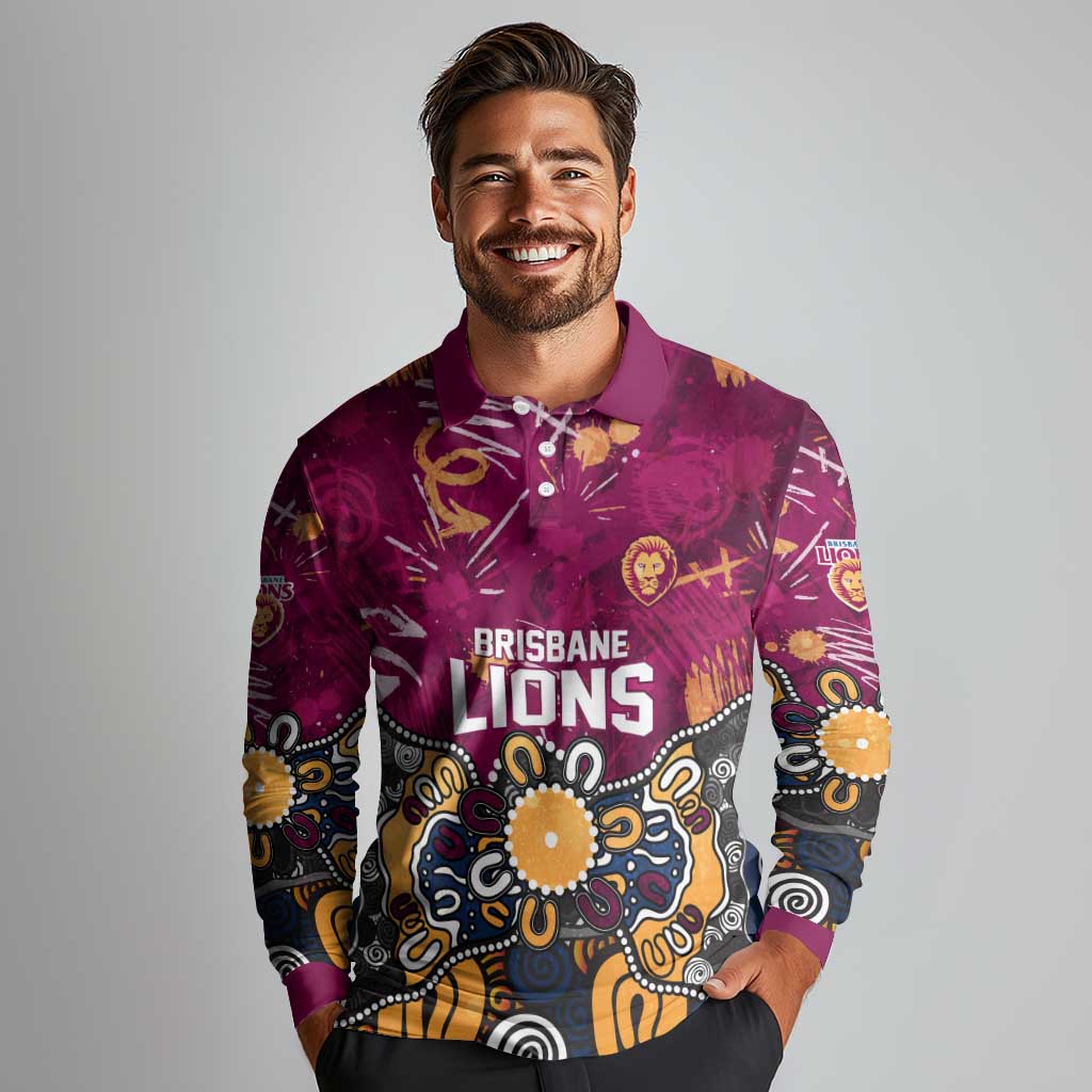 Personalized Brisbane Lions Long Sleeve Polo Shirt Aboriginal Dot Painting Graffiti Style
