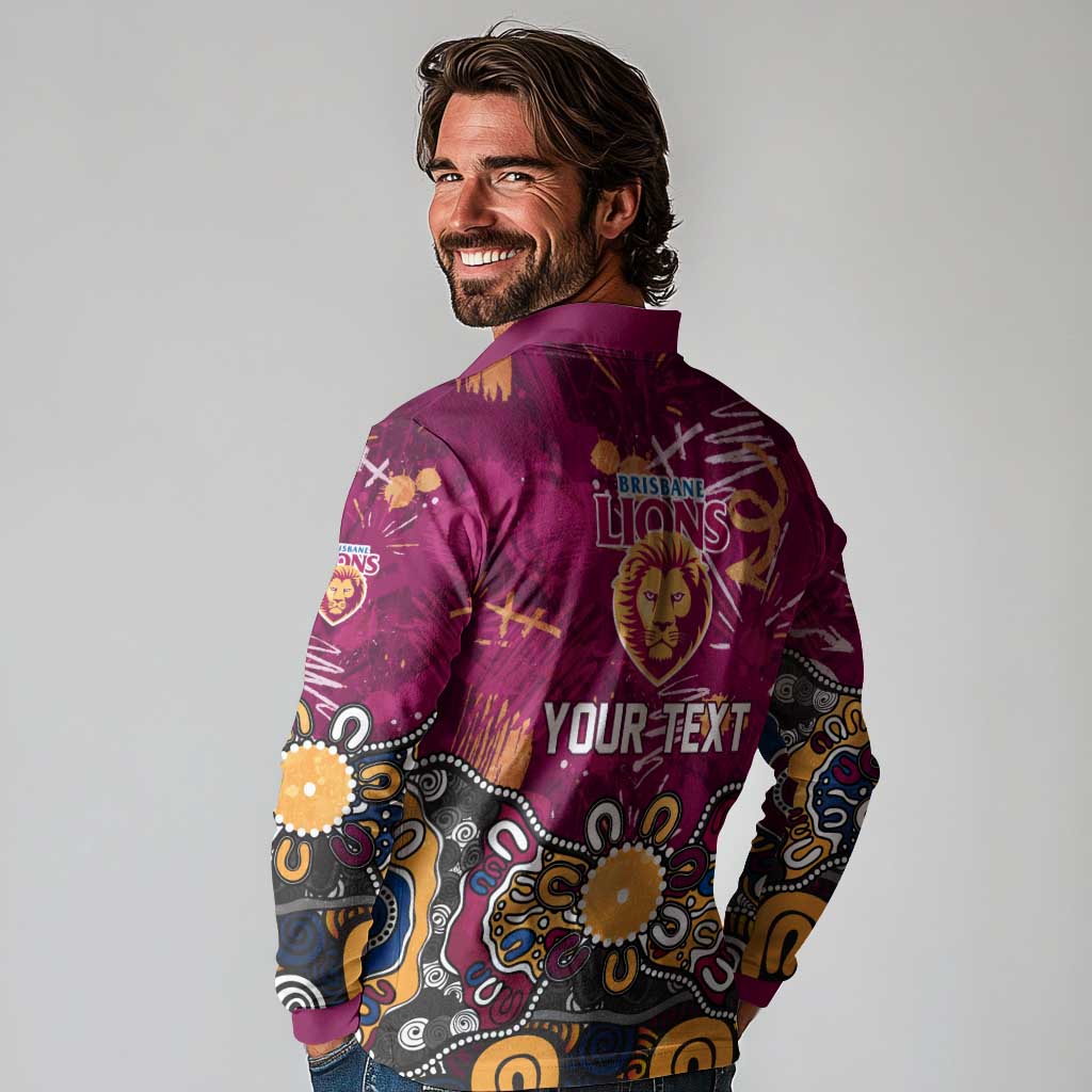 Personalized Brisbane Lions Long Sleeve Polo Shirt Aboriginal Dot Painting Graffiti Style