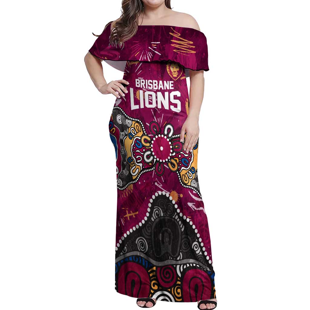 Personalized Brisbane Lions Off Shoulder Maxi Dress Aboriginal Dot Painting Graffiti Style