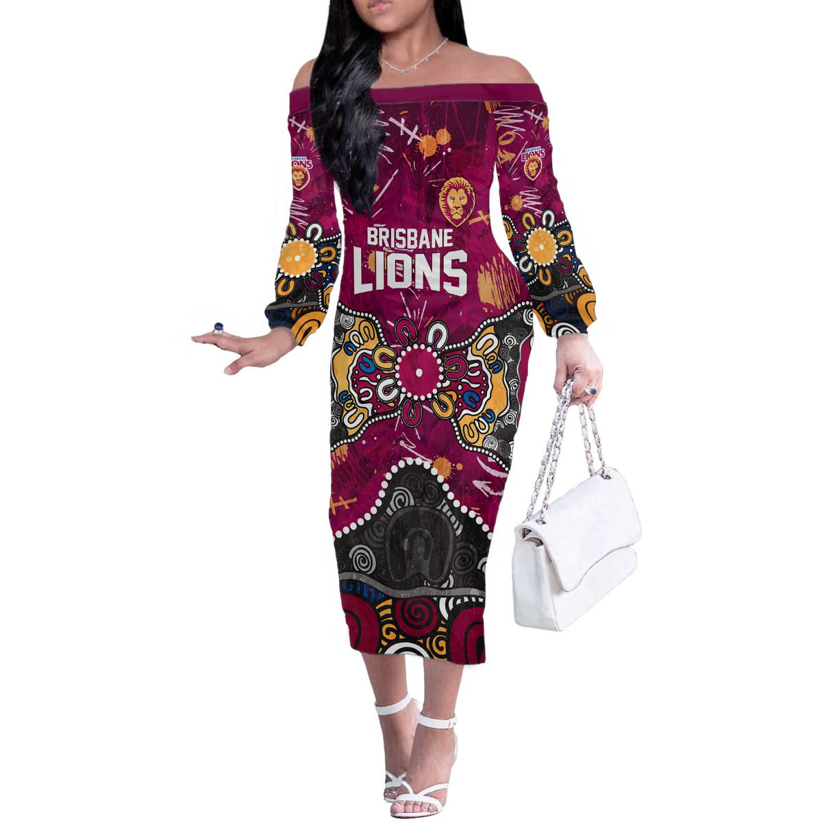 Personalized Brisbane Lions Off The Shoulder Long Sleeve Dress Aboriginal Dot Painting Graffiti Style