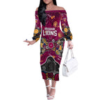 Personalized Brisbane Lions Off The Shoulder Long Sleeve Dress Aboriginal Dot Painting Graffiti Style