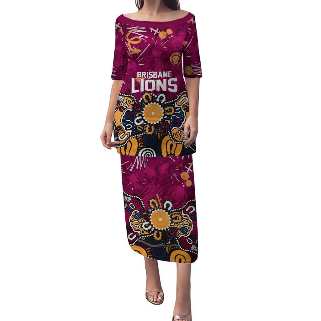 Personalized Brisbane Lions Puletasi Aboriginal Dot Painting Graffiti Style
