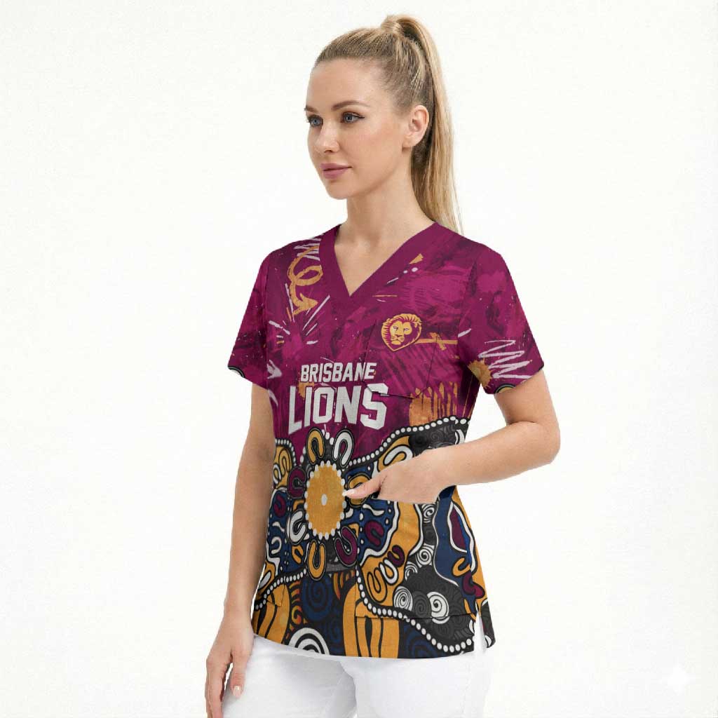 Personalized Brisbane Lions Scrub Top Aboriginal Dot Painting Graffiti Style