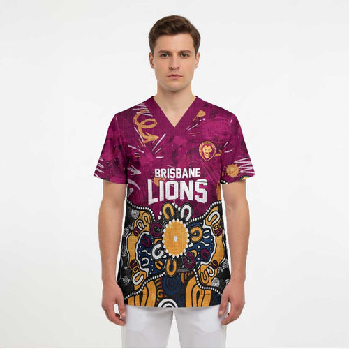 Personalized Brisbane Lions Scrub Top Aboriginal Dot Painting Graffiti Style