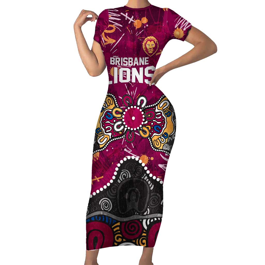 Personalized Brisbane Lions Short Sleeve Bodycon Dress Aboriginal Dot Painting Graffiti Style