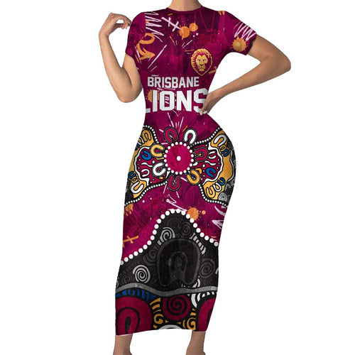 Personalized Brisbane Lions Short Sleeve Bodycon Dress Aboriginal Dot Painting Graffiti Style