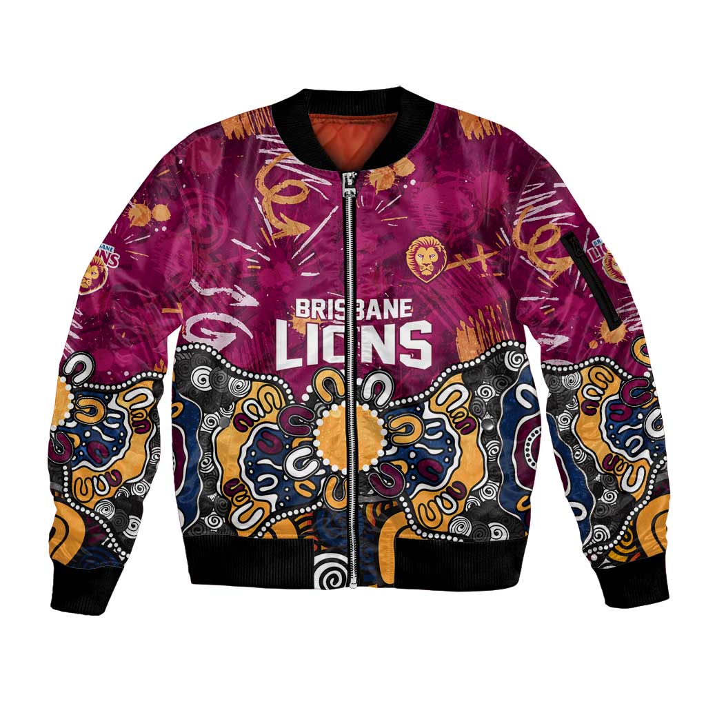 Personalized Brisbane Lions Sleeve Zip Bomber Jacket Aboriginal Dot Painting Graffiti Style