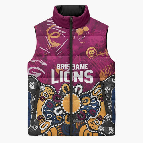 Personalized Brisbane Lions Sleeveless Puffer Jacket Aboriginal Dot Painting Graffiti Style