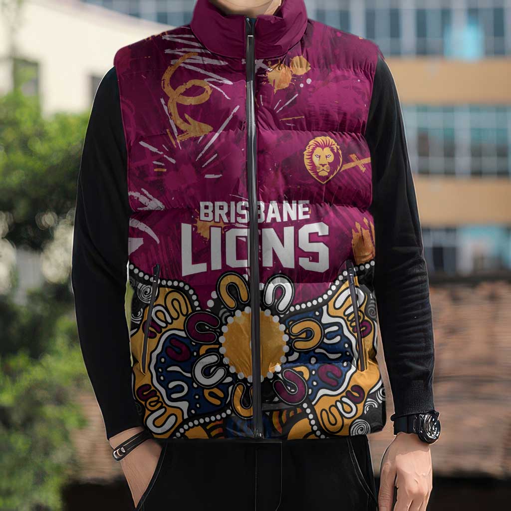 Personalized Brisbane Lions Sleeveless Puffer Jacket Aboriginal Dot Painting Graffiti Style