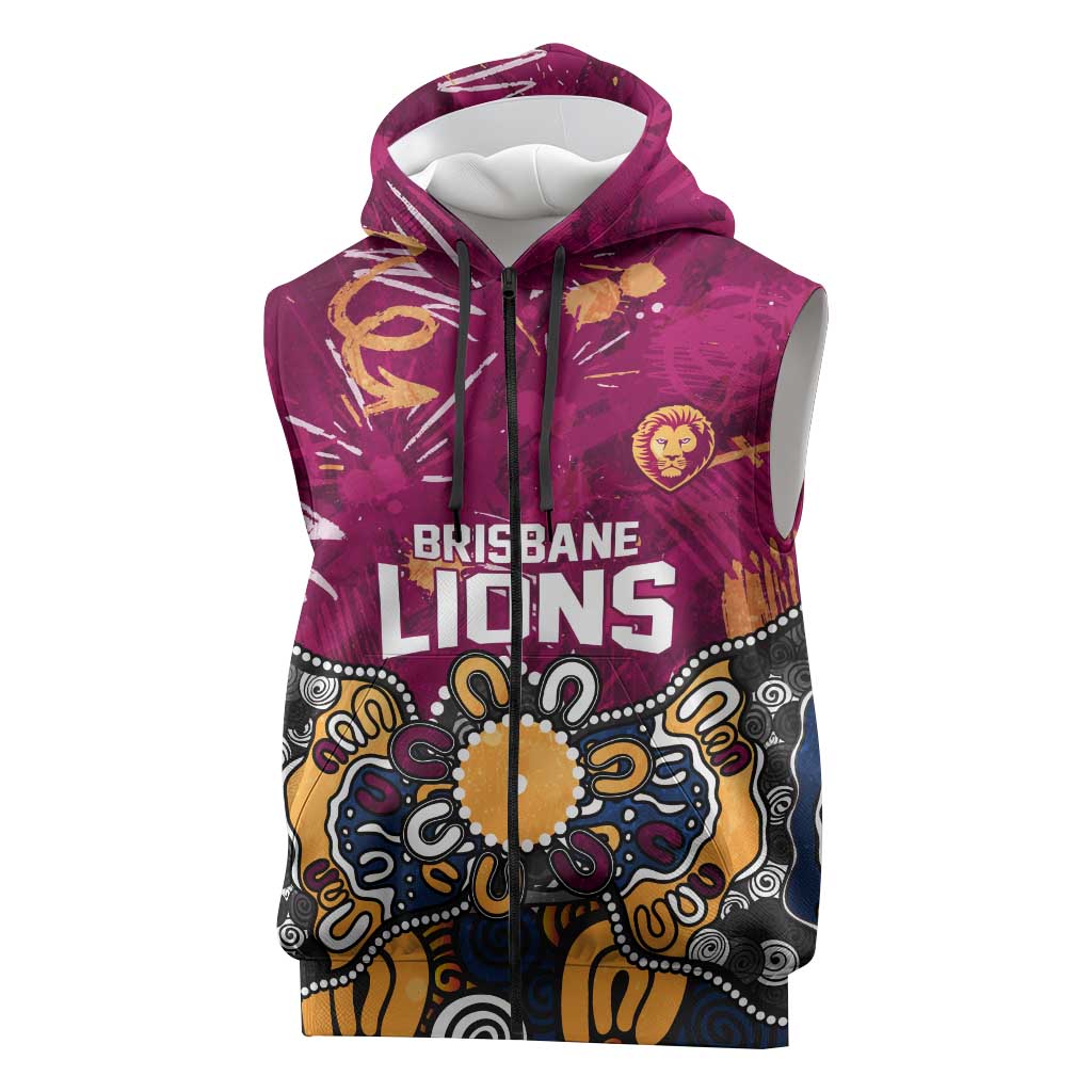 Personalized Brisbane Lions Sleeveless Zip Hoodie Aboriginal Dot Painting Graffiti Style