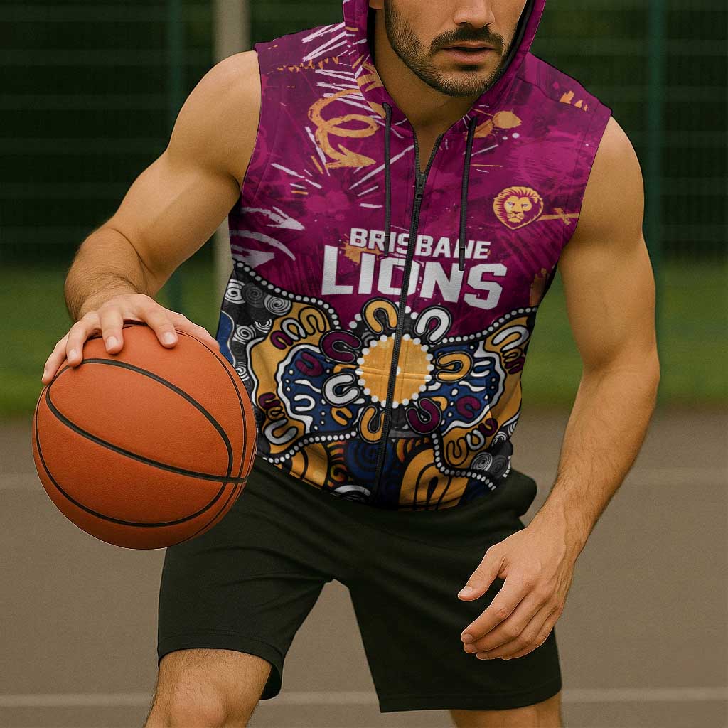 Personalized Brisbane Lions Sleeveless Zip Hoodie Aboriginal Dot Painting Graffiti Style