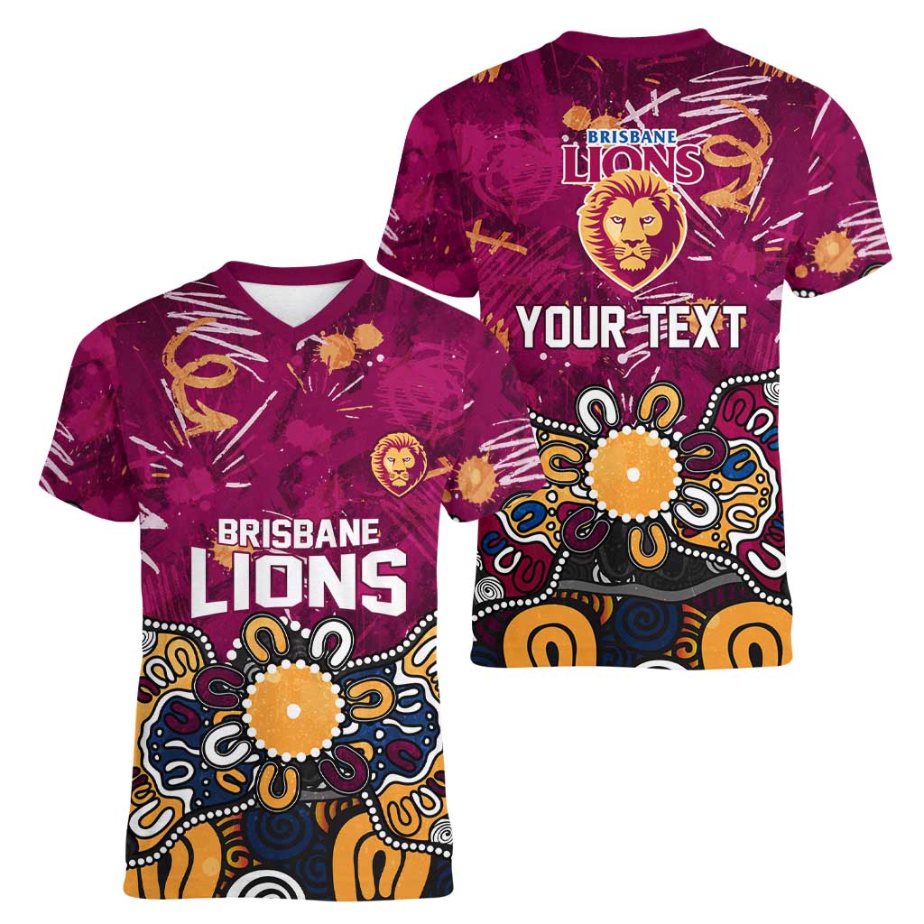 Personalized Brisbane Lions Women V-Neck T-Shirt Aboriginal Dot Painting Graffiti Style