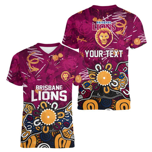 Personalized Brisbane Lions Women V-Neck T-Shirt Aboriginal Dot Painting Graffiti Style