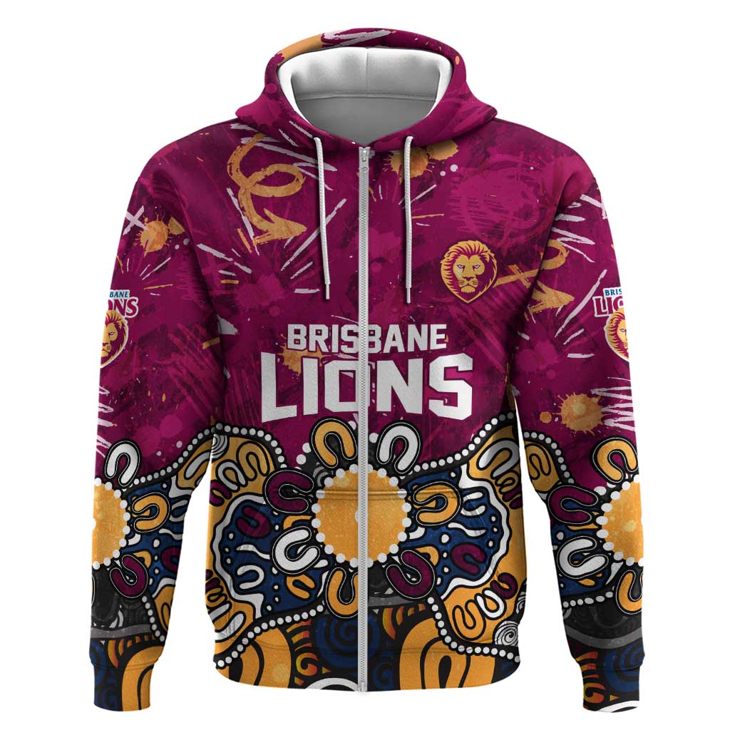 Personalized Brisbane Lions Zip Hoodie Aboriginal Dot Painting Graffiti Style