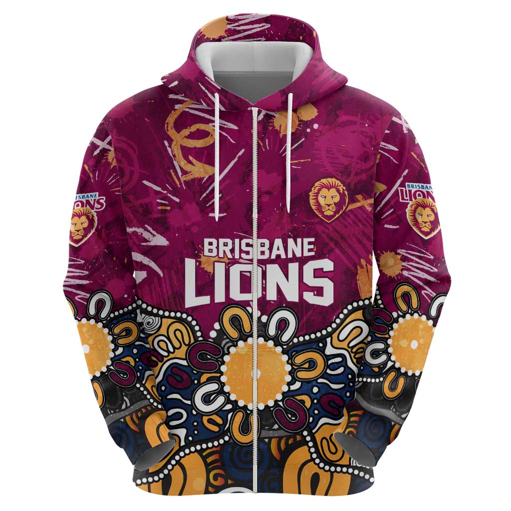 Personalized Brisbane Lions Zip Hoodie Aboriginal Dot Painting Graffiti Style