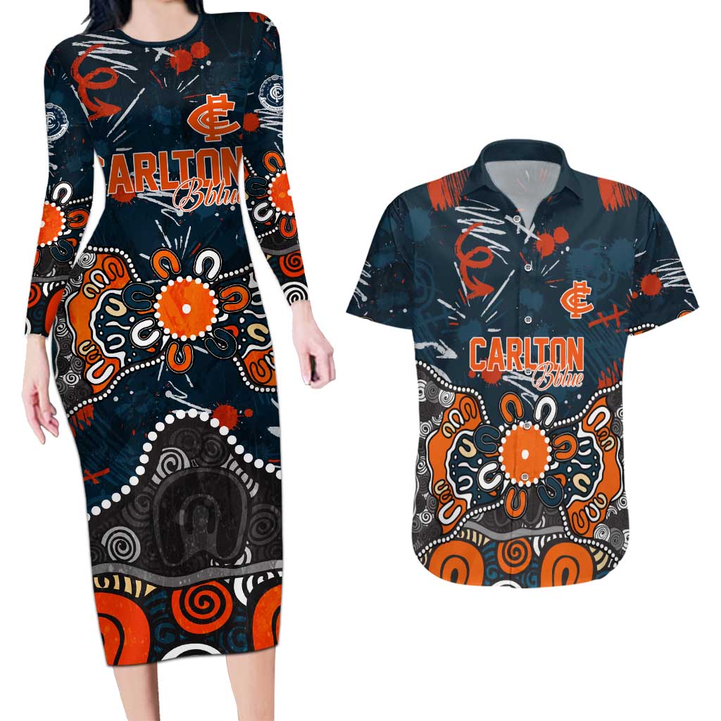 Personalized Carlton Blues Couples Matching Long Sleeve Bodycon Dress and Hawaiian Shirt Aboriginal Dot Painting Graffiti Style