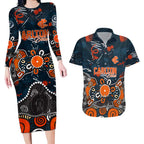 Personalized Carlton Blues Couples Matching Long Sleeve Bodycon Dress and Hawaiian Shirt Aboriginal Dot Painting Graffiti Style