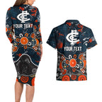 Personalized Carlton Blues Couples Matching Long Sleeve Bodycon Dress and Hawaiian Shirt Aboriginal Dot Painting Graffiti Style