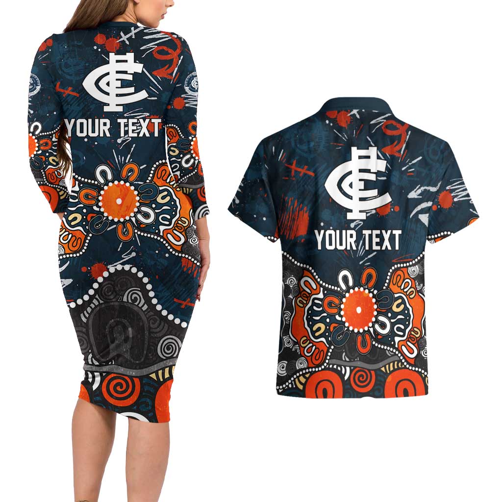 Personalized Carlton Blues Couples Matching Long Sleeve Bodycon Dress and Hawaiian Shirt Aboriginal Dot Painting Graffiti Style