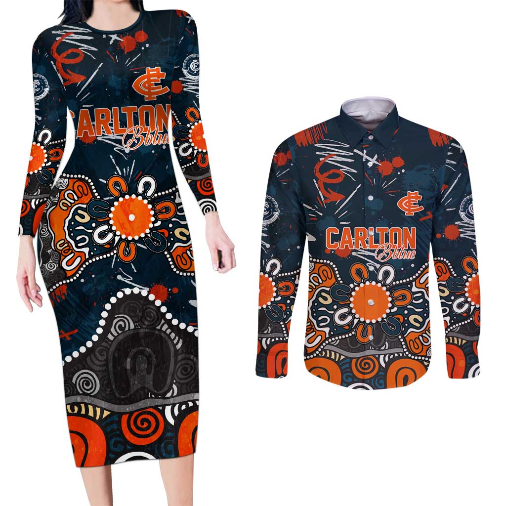 Personalized Carlton Blues Couples Matching Long Sleeve Bodycon Dress and Long Sleeve Button Shirt Aboriginal Dot Painting Graffiti Style