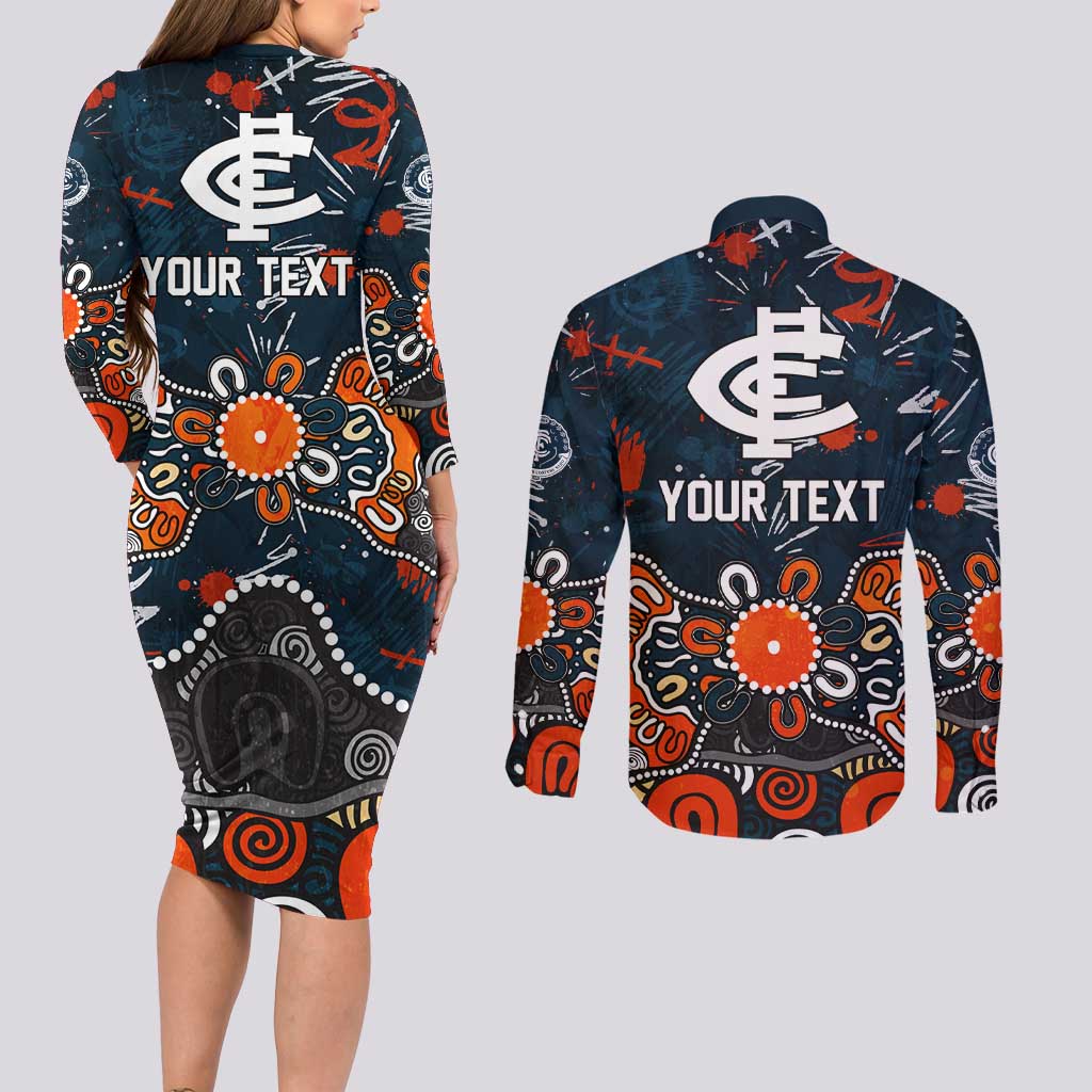 Personalized Carlton Blues Couples Matching Long Sleeve Bodycon Dress and Long Sleeve Button Shirt Aboriginal Dot Painting Graffiti Style