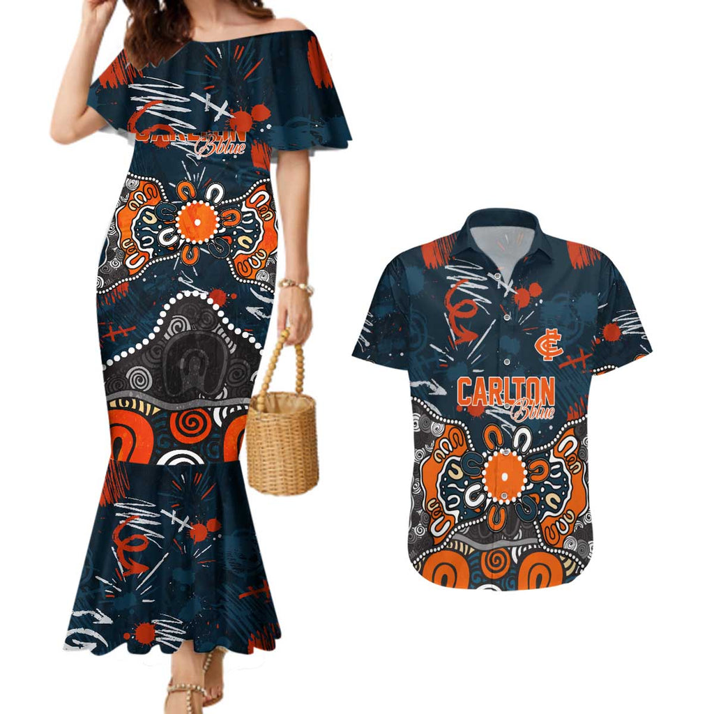 Personalized Carlton Blues Couples Matching Mermaid Dress and Hawaiian Shirt Aboriginal Dot Painting Graffiti Style