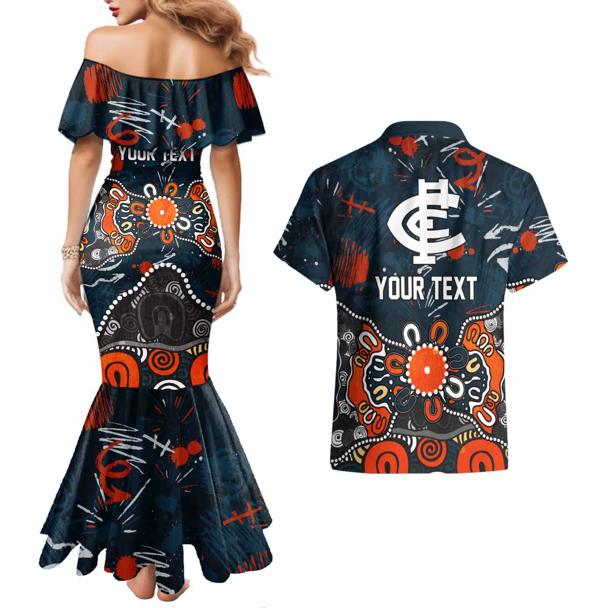 Personalized Carlton Blues Couples Matching Mermaid Dress and Hawaiian Shirt Aboriginal Dot Painting Graffiti Style