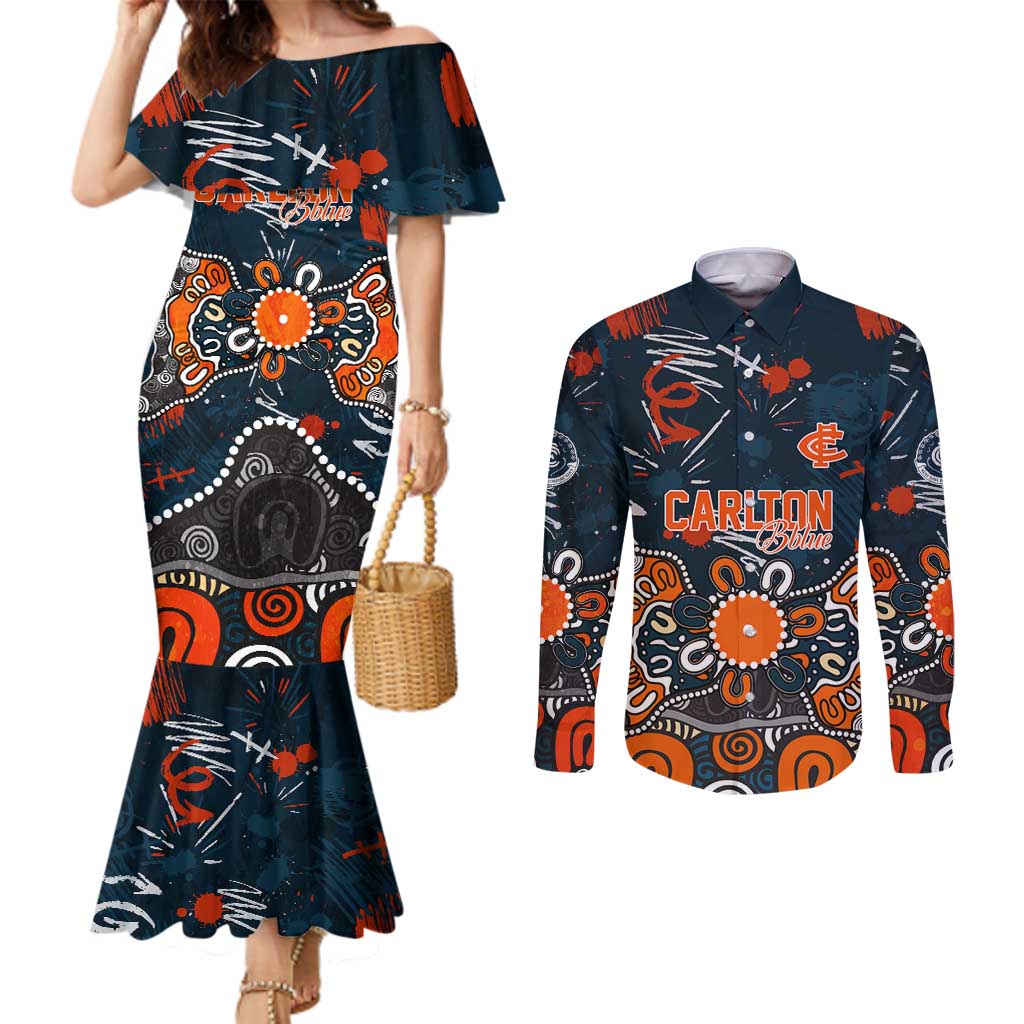 Personalized Carlton Blues Couples Matching Mermaid Dress and Long Sleeve Button Shirt Aboriginal Dot Painting Graffiti Style