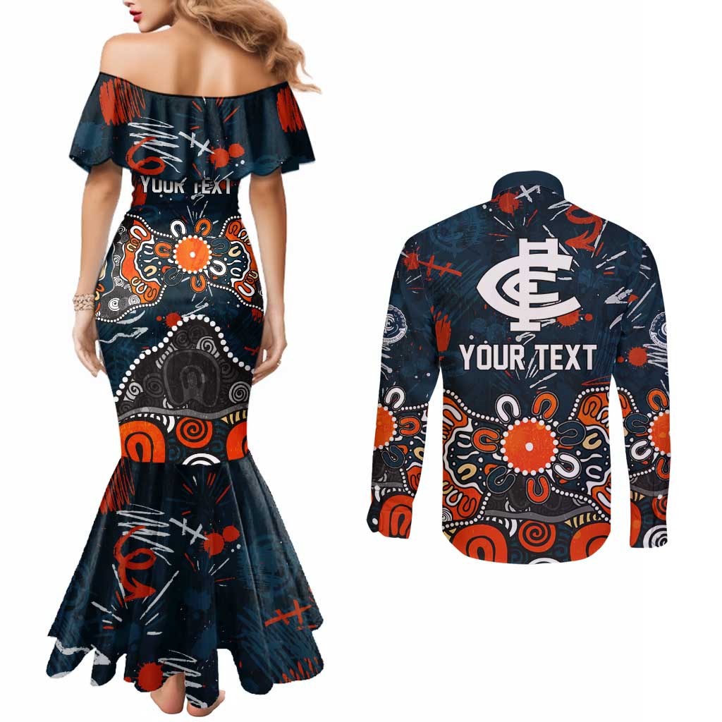 Personalized Carlton Blues Couples Matching Mermaid Dress and Long Sleeve Button Shirt Aboriginal Dot Painting Graffiti Style