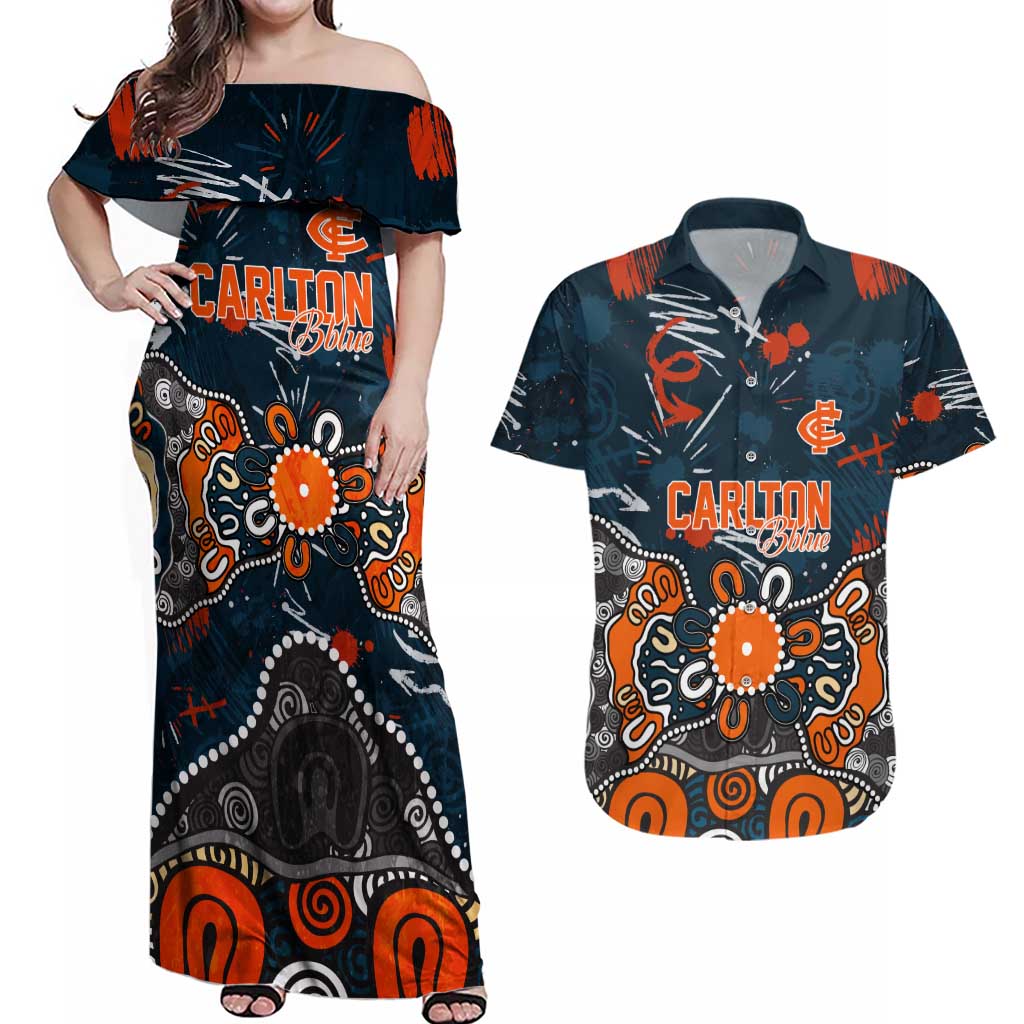 Personalized Carlton Blues Couples Matching Off Shoulder Maxi Dress and Hawaiian Shirt Aboriginal Dot Painting Graffiti Style