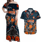 Personalized Carlton Blues Couples Matching Off Shoulder Maxi Dress and Hawaiian Shirt Aboriginal Dot Painting Graffiti Style