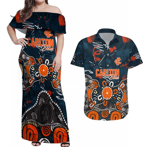 Personalized Carlton Blues Couples Matching Off Shoulder Maxi Dress and Hawaiian Shirt Aboriginal Dot Painting Graffiti Style