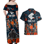 Personalized Carlton Blues Couples Matching Off Shoulder Maxi Dress and Hawaiian Shirt Aboriginal Dot Painting Graffiti Style
