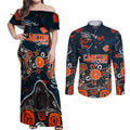 Personalized Carlton Blues Couples Matching Off Shoulder Maxi Dress and Long Sleeve Button Shirt Aboriginal Dot Painting Graffiti Style