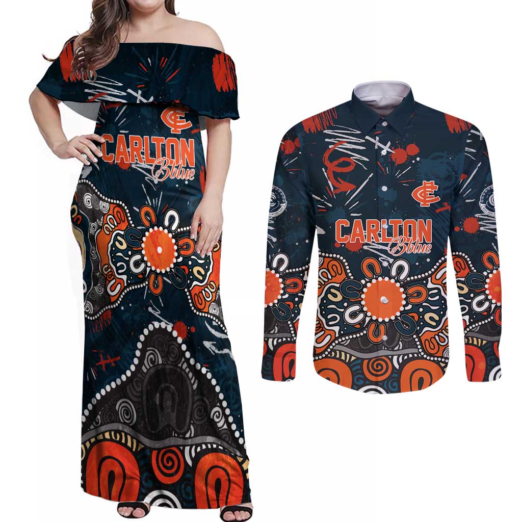 Personalized Carlton Blues Couples Matching Off Shoulder Maxi Dress and Long Sleeve Button Shirt Aboriginal Dot Painting Graffiti Style