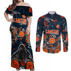 Personalized Carlton Blues Couples Matching Off Shoulder Maxi Dress and Long Sleeve Button Shirt Aboriginal Dot Painting Graffiti Style